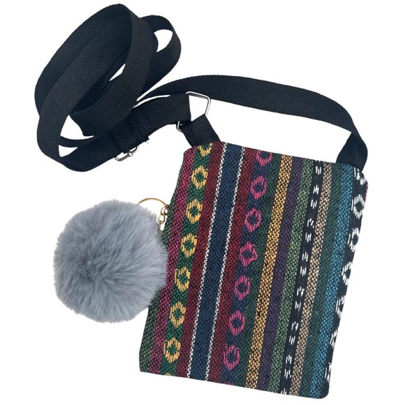 2/$30 Crossbody Bag Multicolor Stripes Gray Faux Mink Pom Pom Keychain NWT - Picture 9 of 11